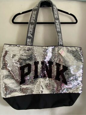 Victoria's Secret PINK Flip Sequin Bling Logo Tote Bag Silver /black Tone NWT